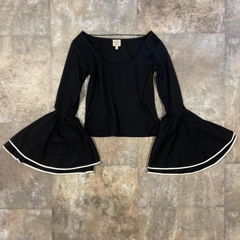 torn by ronny kobo black extra wide bell sleeve y2k top size small
